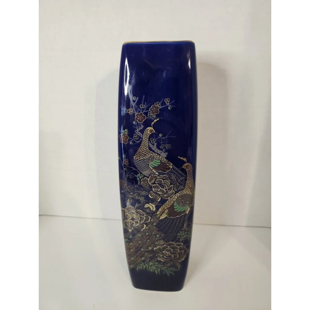 Vintage Japanese Cobalt Blue Porcelain Vase Peacocks And Gold Accents - 11 1/4”